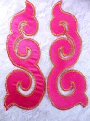 GB165 Embroidered Appliques Mirror Pair Hot Pink Gold Metallic Iron On Patch 6"