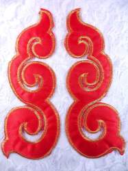 GB165 Embroidered Appliques Mirror Pair Red Gold Metallic Iron On Patch 6"