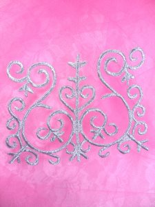 GB172 Embroidered Applique Silver Metallic Iron On Patch 4.5"