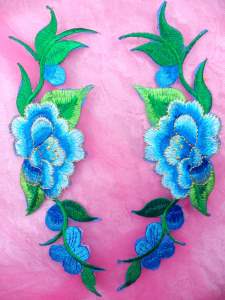 GB295 Turquoise Embroidered Floral Mirror Pair Appliques 8"