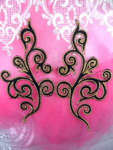 GB304 Embroidered Appliques Mirror Pair Black Metallic Gold Iron On Patch 6.5"