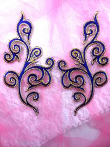 GB304 Embroidered Appliques Mirror Pair Blue Metallic Gold Iron On Patch 7"
