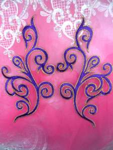 GB304 Embroidered Appliques Mirror Pair Purple Metallic Gold Iron On Patch 7"