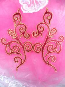 GB304 Embroidered Appliques Mirror Pair Brick Red Metallic Gold Iron On Patch 7"