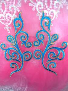 GB304 Embroidered Appliques Mirror Pair Turquoise Metallic Gold Iron On Patch 7"