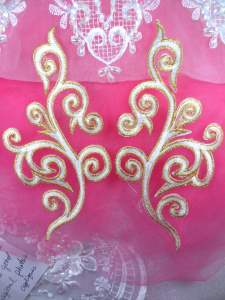 GB304 Embroidered Appliques Mirror Pair White Metallic Gold Iron On Patch 7"