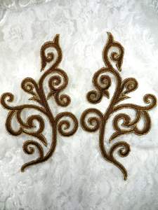 GB304 Embroidered Appliques Mirror Pair Brown Gold Metallic Iron On Patch 7"