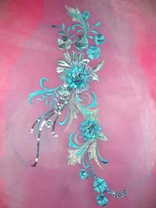 GB332 Metallic Turquoise Silver Floral Applique Sequin Flower Patch 13.5"