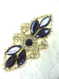 GB335 Navy Blue Marquise Rhinestone Applique Gold Embellishment 3.25"