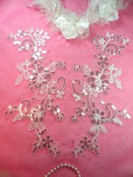 GB383 Flower Appliques White Crystal Venice Lace Mirror Pair w/Sequins 11"