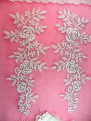 REDUCED GB388 Flower Appliques White Silver Venice Lace Mirror Pair Dance Patch 14.25"