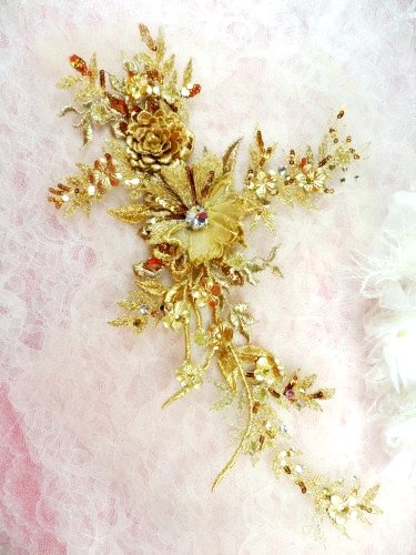 Embroidered 3D Applique Gold Floral Sequin Patch Rhinestone Center 14" (DH70)