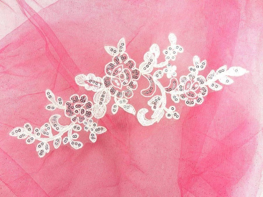 Sequined Lace Embroidered Applique White Silver Floral Ballet Motif 10.25" GB417-whsl