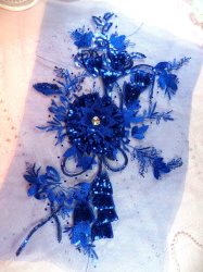 GB418 Embroidered 3D Applique Blue Floral Sequin Patch Rhinestone Center 17.25"