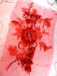 GB418 Embroidered 3D Applique Red Floral Sequin Patch Rhinestone Center 17.25"