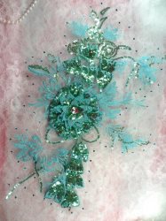GB418 Embroidered 3D Applique Turquoise Blue Floral Sequin Patch Rhinestone Center 17.25"