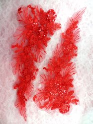 GB430 Embroidered Appliques Red Mirror Pair Floral Sequin Patch 13.75"