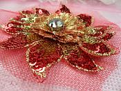 Sequin Applique Floral 3D Red Gold Crystal Rhinestone Center Embroidered Flower Patch 3" (GB438-rdgl)