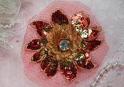 Sequin Applique Floral 3D Red Gold Crystal Rhinestone Center Embroidered Flower Patch 3" (GB438-rdgl)