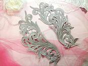Embroidered Appliques Grey Scroll Design Mirror Pair Motifs Patch 9" (GB490X)