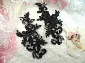 Sequined Lace Embroidered Appliques Black Mirror Pair Floral Ballet Motifs 9.75" (BL158X)