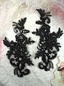 Sequined Lace Embroidered Appliques Black Mirror Pair Floral Ballet Motifs 9.75" (BL158X)