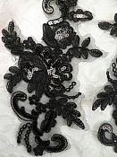 Sequined Lace Embroidered Appliques Black Mirror Pair Floral Ballet Motifs 9.75" (BL158X)