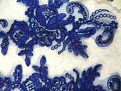 Sequined Lace Embroidered Appliques Blue Mirror Pair Floral Motifs 9.75" (BL158X)