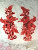 Sequined Lace Embroidered Appliques Red Mirror Pair Floral Ballet Motifs 9.75" (BL158X)