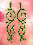 Sequin Appliques Green Gold Designer Mirror Pair Iron on 9" (GB505X)