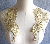 3D Embroidered Silk Appliques Champagne Floral Mirror Pair With Pearls 8.25" (GB545X)
