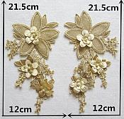 3D Embroidered Silk Appliques Champagne Floral Mirror Pair With Pearls 8.25" (GB545X)