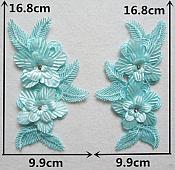3D Embroidered Silk Appliques Light Turquoise Floral Mirror Pair With Rhinestones 6.5" (GB546X)