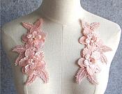 3D Embroidered Silk Appliques Pink Floral Mirror Pair With Rhinestones 6.5" (GB546X)