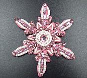 Rhinestone Applique Snowflake Pink Beaded Patch Craft Motif (GB572)