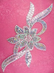 GB58 White Flower Sequin Embroidered Floral Applique 9.5"