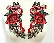 Embroidered Floral Applique Mirror Pair Red Clothing Patch Craft Motif 10.5" (GB600X)
