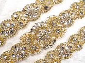 Gold Bridal Sash Applique w/ Beads and Pearls Surrounding Crystal Rhinestones 37.5" (GB610)