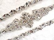 18" Silver Bridal Sash Applique w/ Matching Beads Surrounding Crystal Rhinestones 18" (GB613)