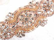 Crystal Rose Gold Rhinestone Applique Pearl Beaded Bridal Patch 6.25" (GB617)