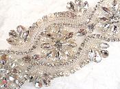 Crystal Rhinestone Silver Pearl Beaded Applique 6.25" (GB617)