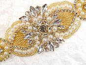 Crystal Rhinestone Gold Pearl Beaded Applique 6.75" (GB619)
