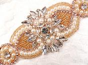 Crystal Rhinestone Rose Gold Pearl Beaded Applique 6.75" (GB619)