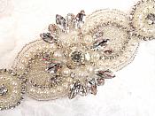Crystal Rhinestone Silver Pearl Beaded Applique 6.75" (GB619)
