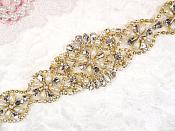 Gold Bridal Sash Applique w/ Matching Beads and White Pearls Surrounding Crystal Rhinestones 14" (GB622)
