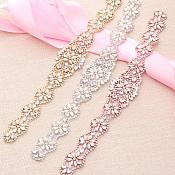 Gold Bridal Sash Applique w/ Matching Beads and White Pearls Surrounding Crystal Rhinestones 14" (GB622)