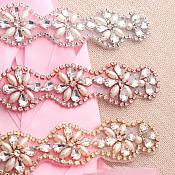 Gold Bridal Sash Applique w/ Matching Beads and White Pearls Surrounding Crystal Rhinestones 14" (GB622)