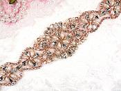 Rose Gold Bridal Sash Applique w/ Beads and Pearls Surrounding Crystal Rhinestones 14" (GB622)