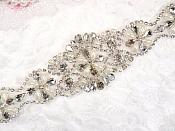Silver Bridal Sash Applique w/ Matching Beads and Pearls Surrounding Crystal Rhinestones 14" (GB622)