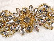 Crystal Rhinestone Gold Pearl Applique 4.75" (GB624)